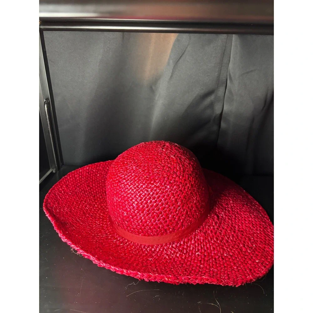 Vintage Red Woven Straw Wide Brim Sun Hat with Feather Detail Floppy Derby Hat